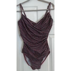 Miraclesuit Sz 14 Sanibel One Piece Swimsuit Red/White/Blue Slimming Ruched EUC‎